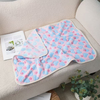 Blankora Snuggle Square mini fleece pet mat in Pink with Blue Hearts, 8 x 8 in